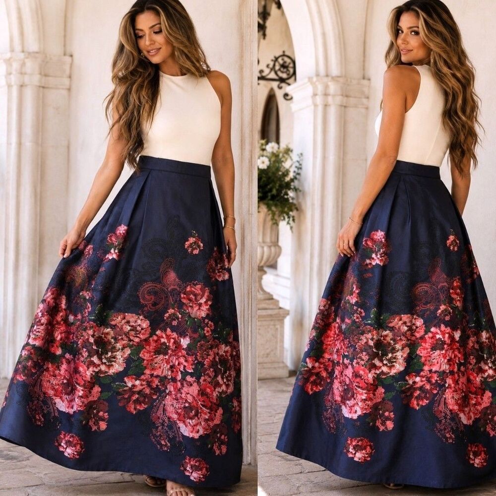 Romantic L Jacquard Floral Maxi Skirt Navy Full A Line Formal Cottagecore Chic